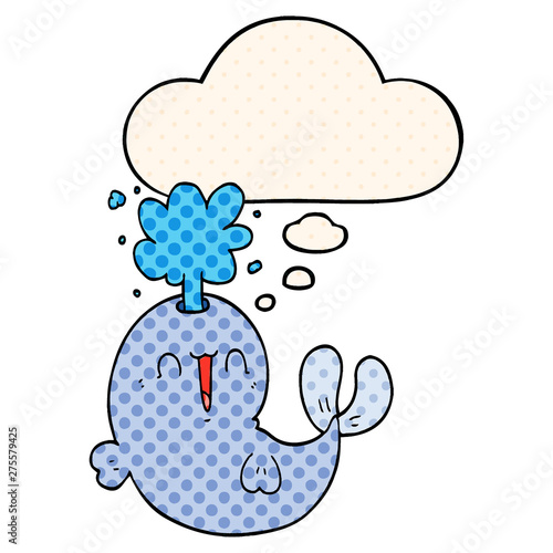 cartoon whale spouting water and thought bubble in comic book style