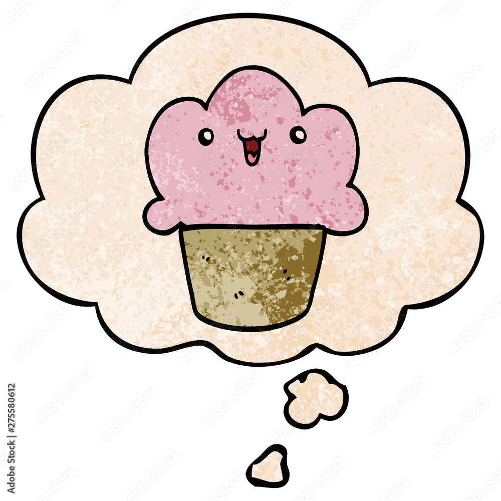 cartoon cupcake with face and thought bubble in grunge texture pattern style cartoon cupcake with face and thought bubble in grunge texture pattern style