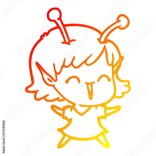 warm gradient line drawing cartoon alien girl laughing