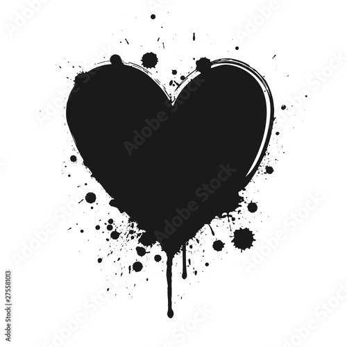 Black grunge heart isolated on white background.