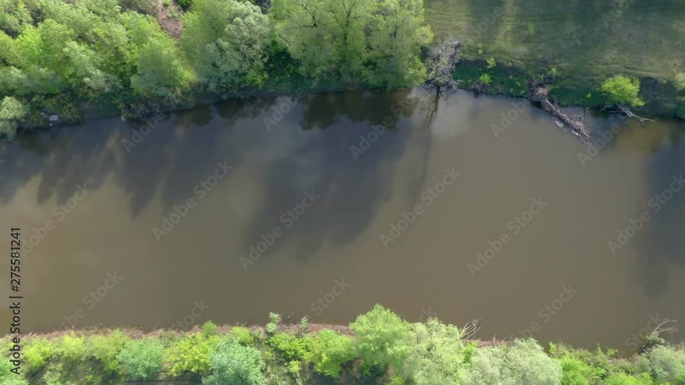 Aerial look-down shot. The water in the river is turbid. There are many trees around the river. Shadows from trees are visible on the surface of the water. You can see an old tree falling on the water Aerial look-down shot. The water in the river is turbid. There are many trees around the river. Shadows from trees are visible on the surface of the water. You can see an old tree falling on the water