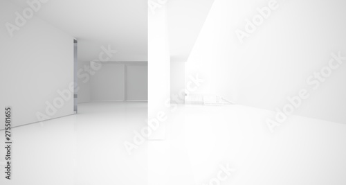 Fototapeta Naklejka Na Ścianę i Meble -  Abstract architectural white interior of a minimalist house with large windows.. 3D illustration and rendering.