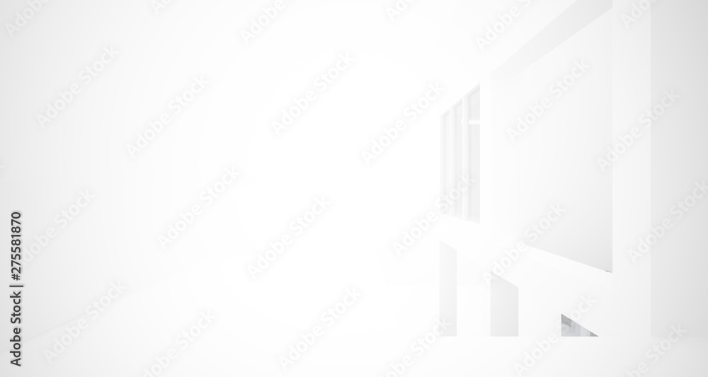 Abstract architectural white interior of a minimalist house with large windows.. 3D illustration and rendering. Abstract architectural white interior of a minimalist house with large windows.. 3D illustration and rendering.