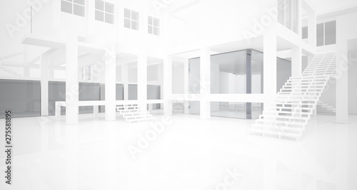 Abstract architectural white interior of a minimalist house with large windows.. 3D illustration and rendering.