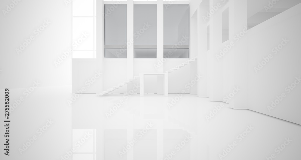 Fototapeta premium Abstract architectural white interior of a minimalist house with large windows.. 3D illustration and rendering.