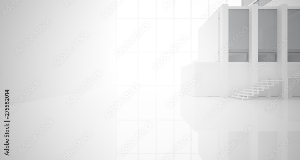 Fototapeta premium Abstract architectural white interior of a minimalist house with large windows.. 3D illustration and rendering.