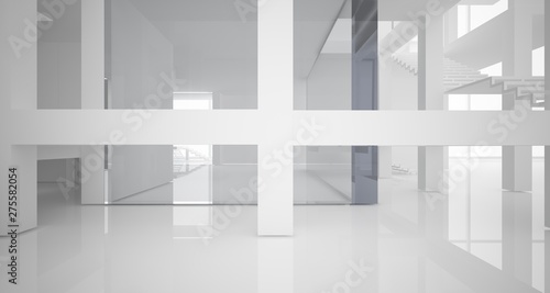 Abstract architectural white interior of a minimalist house with large windows.. 3D illustration and rendering.