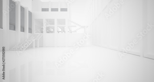 Abstract architectural white interior of a minimalist house with large windows.. 3D illustration and rendering.