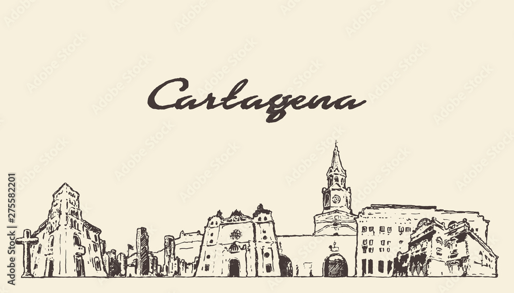 Cartagena skyline Colombia hand draw vector sketch