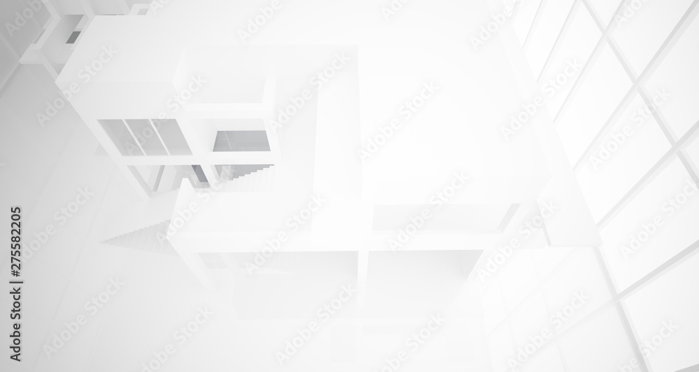 Abstract architectural white interior of a minimalist house with large windows.. 3D illustration and rendering. Abstract architectural white interior of a minimalist house with large windows.. 3D illustration and rendering.