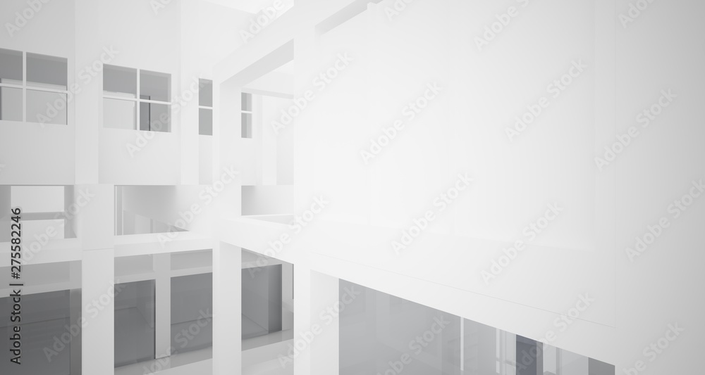 Abstract architectural white interior of a minimalist house with large windows.. 3D illustration and rendering. Abstract architectural white interior of a minimalist house with large windows.. 3D illustration and rendering.
