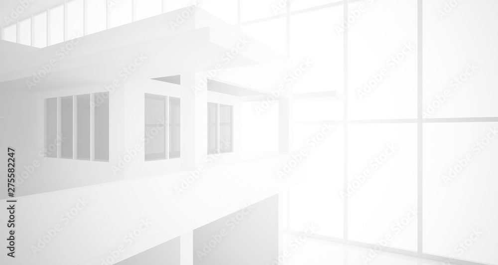 Abstract architectural white interior of a minimalist house with large windows.. 3D illustration and rendering. Abstract architectural white interior of a minimalist house with large windows.. 3D illustration and rendering.