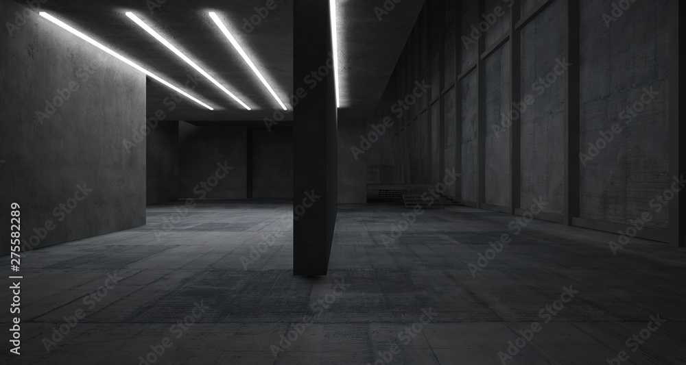 Fototapeta premium Streszczenie wnętrza z betonu architektonicznego minimalistycznego domu z oświetleniem neonowym. Ilustracja i renderowanie 3D.