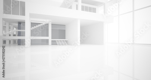 Abstract architectural white interior of a minimalist house with large windows.. 3D illustration and rendering.