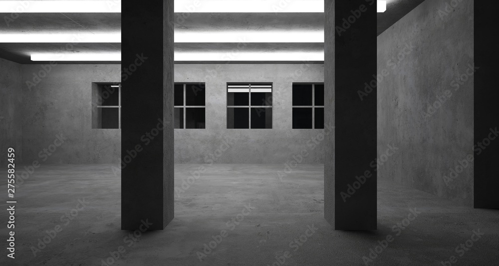 Fototapeta premium Abstract architectural concrete interior of a minimalist house with neon lighting. 3D illustration and rendering.