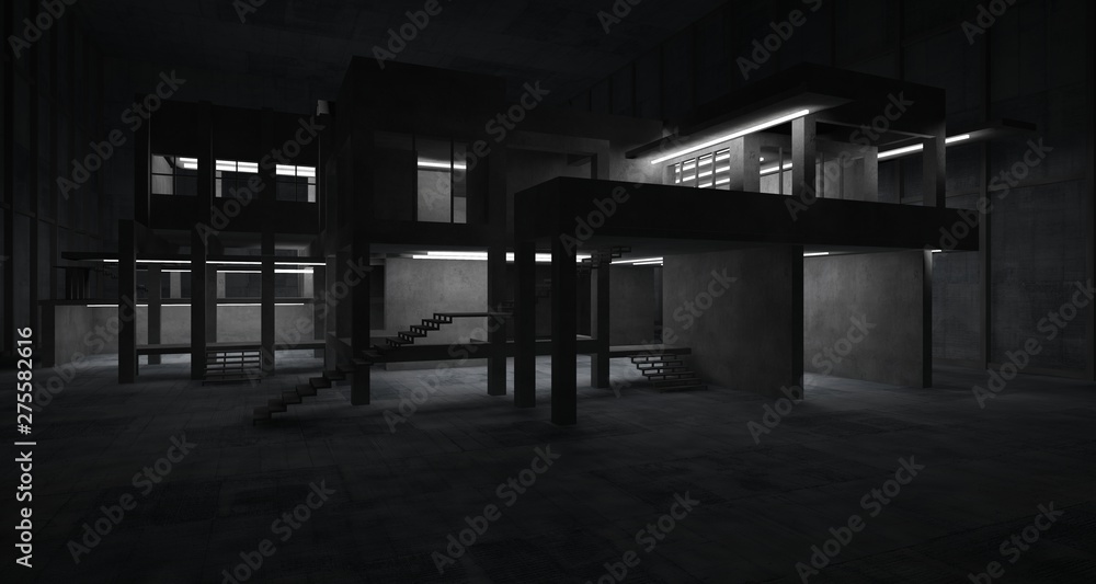 Abstract architectural concrete interior of a minimalist house with neon lighting. 3D illustration and rendering. Abstract architectural concrete interior of a minimalist house with neon lighting. 3D illustration and rendering.