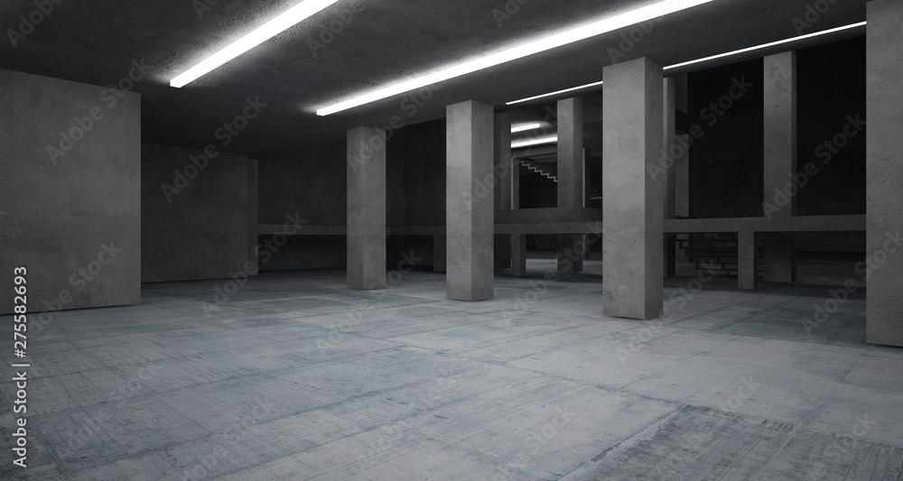 Abstract architectural concrete interior of a minimalist house with neon lighting. 3D illustration and rendering. Abstract architectural concrete interior of a minimalist house with neon lighting. 3D illustration and rendering.