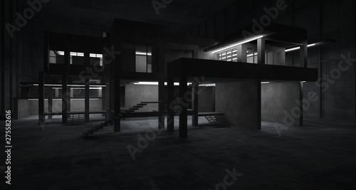 Abstract architectural concrete interior of a minimalist house with neon lighting. 3D illustration and rendering.