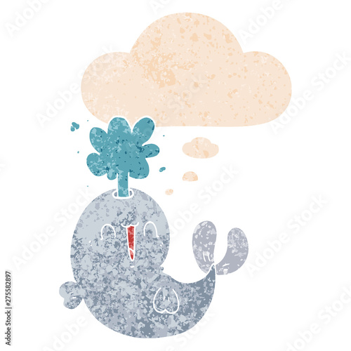 cartoon whale spouting water and thought bubble in retro textured style