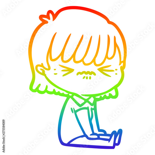 rainbow gradient line drawing annoyed cartoon girl sitting