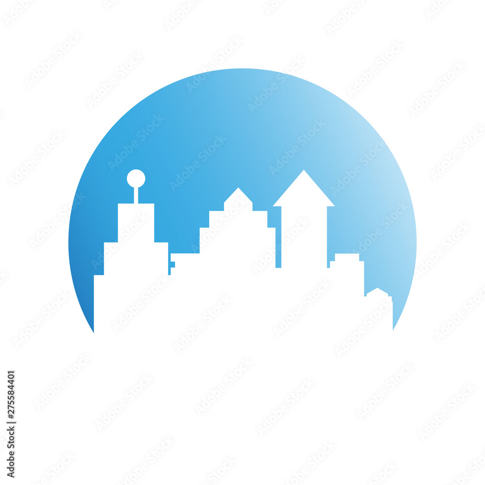 city tower building in blue circle button