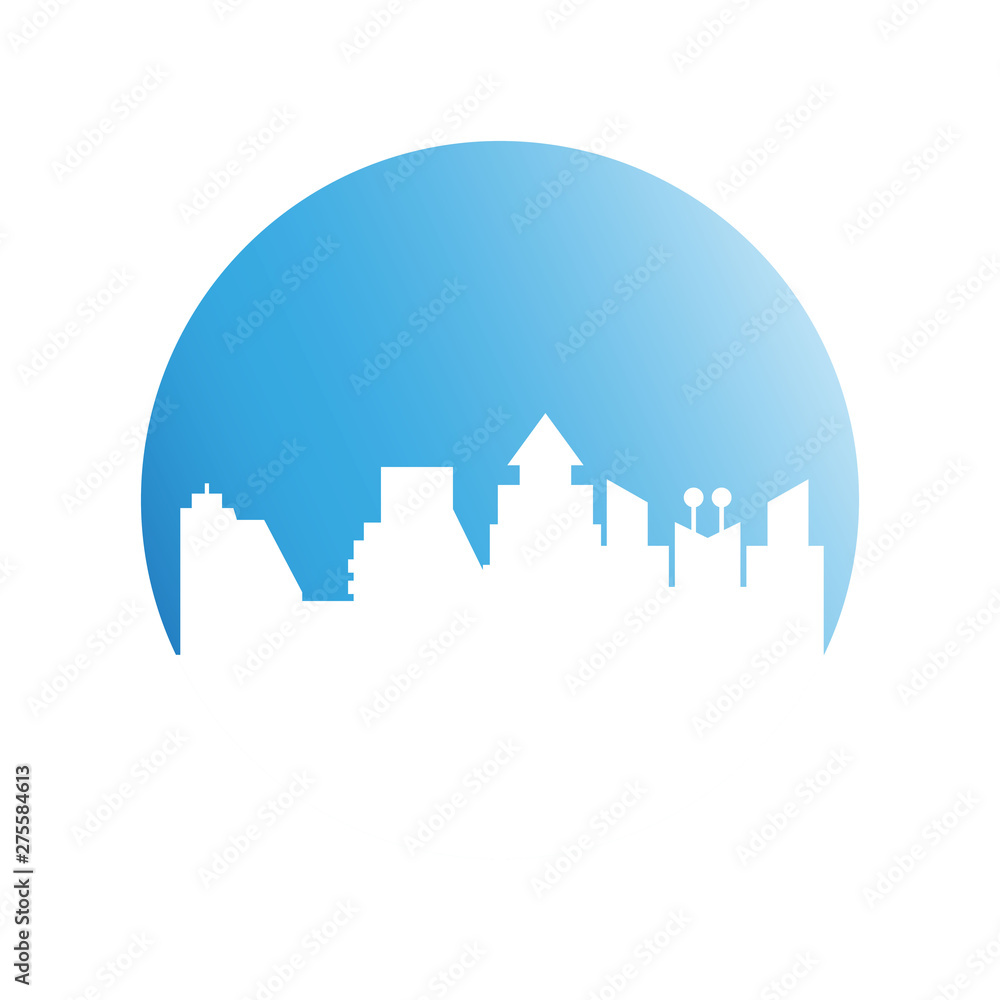 city tower building in blue circle button