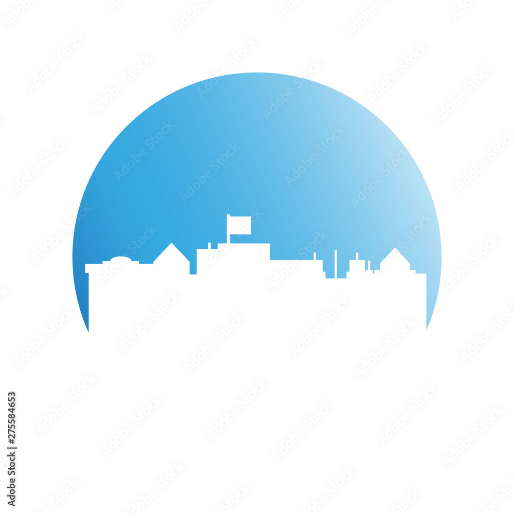 city tower building in blue circle button