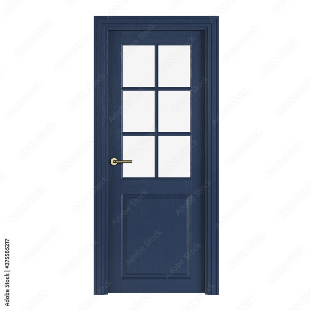 Blue interior door isolated on white background. 3D rendering.