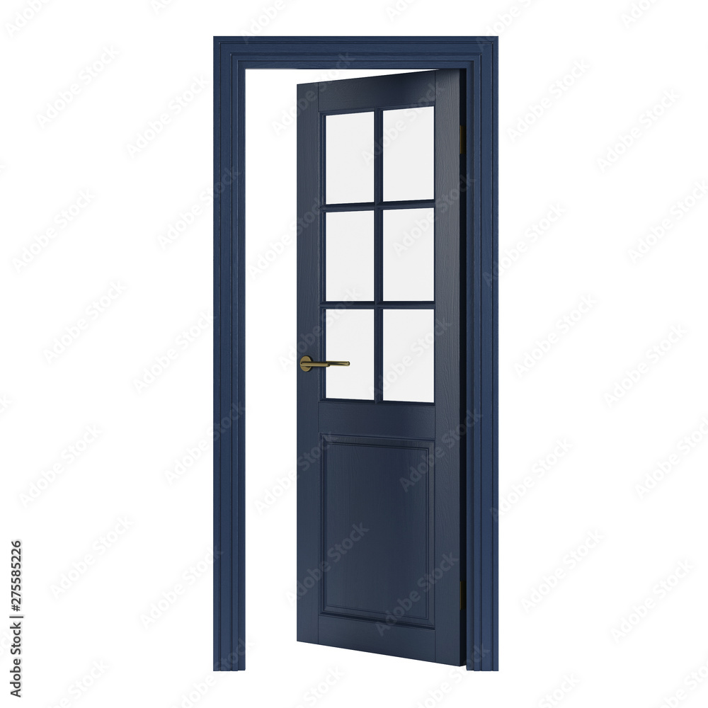 Blue interior door isolated on white background. 3D rendering. Blue interior door isolated on white background. 3D rendering.