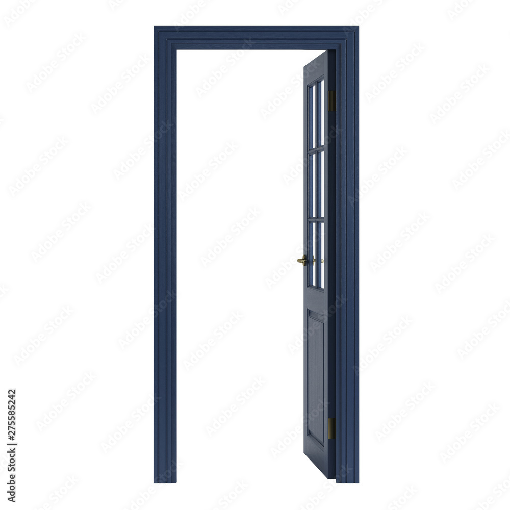 Blue interior door isolated on white background. 3D rendering. Blue interior door isolated on white background. 3D rendering.