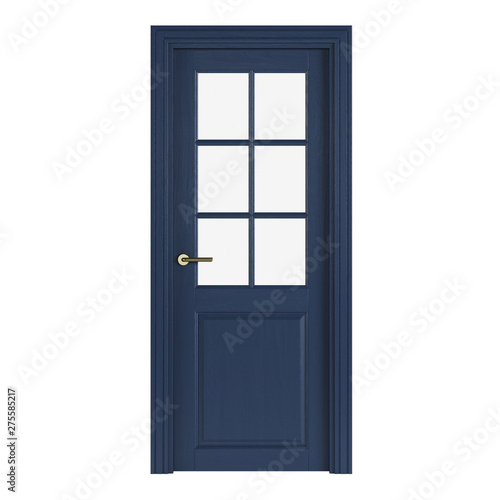 Blue interior door isolated on white background. 3D rendering.
