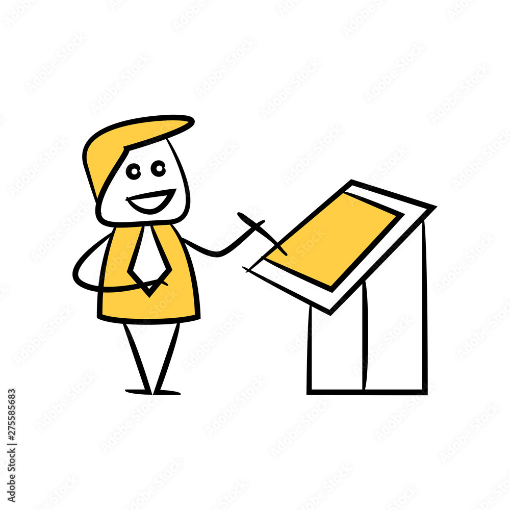doodle stick figure businessman writing on machine doodle stick figure businessman writing on machine