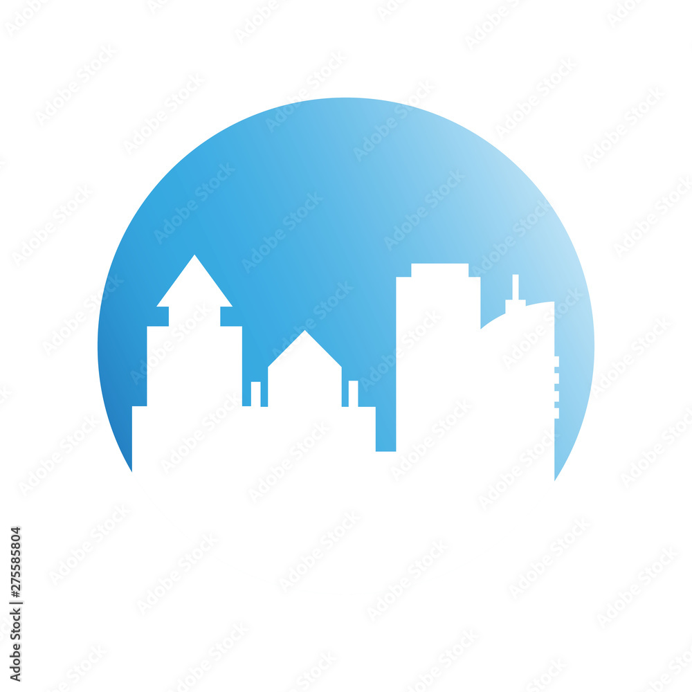 city tower building in blue circle button