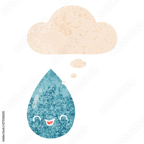 cartoon cute raindrop and thought bubble in retro textured style