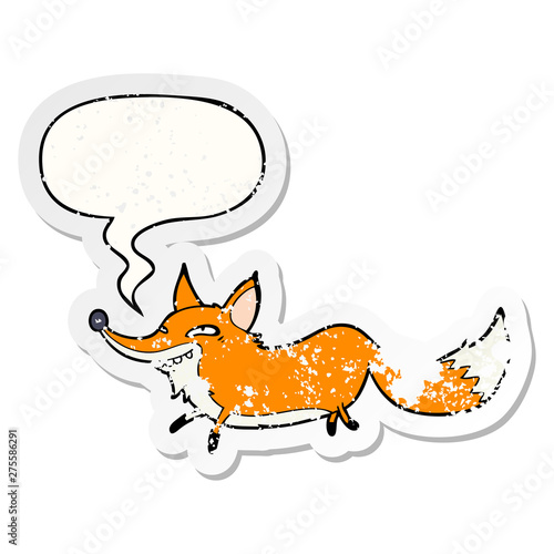 cute cartoon sly fox and speech bubble distressed sticker