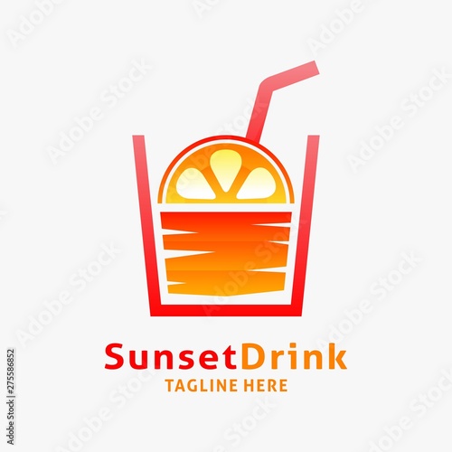 Orange juice fresh drink logo with sunset design