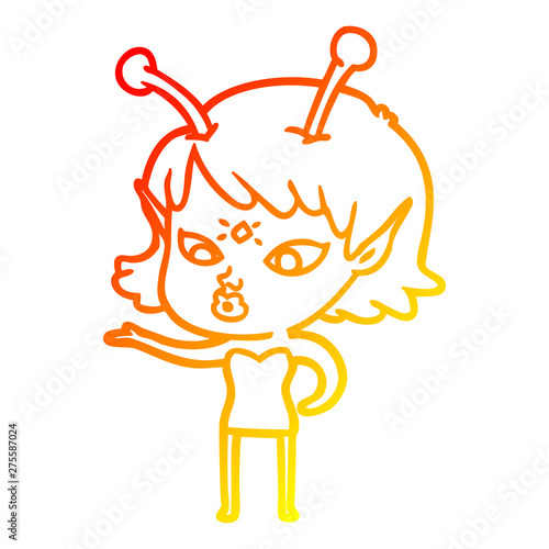 warm gradient line drawing pretty cartoon alien girl