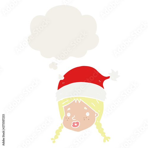 cartoon girl wearing christmas hat and thought bubble in retro style © lineartestpilot