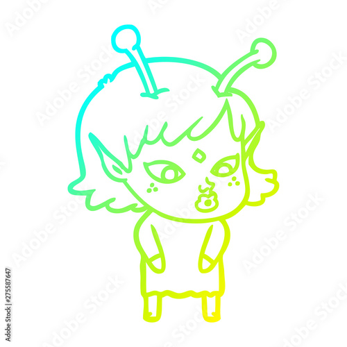 cold gradient line drawing pretty cartoon alien girl