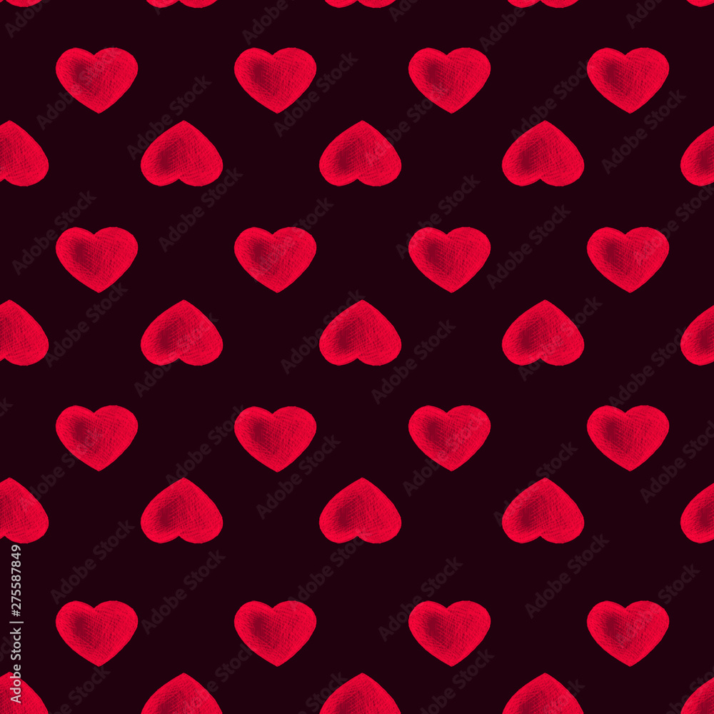 Black background. Simple seamless pattern with red hearts. 