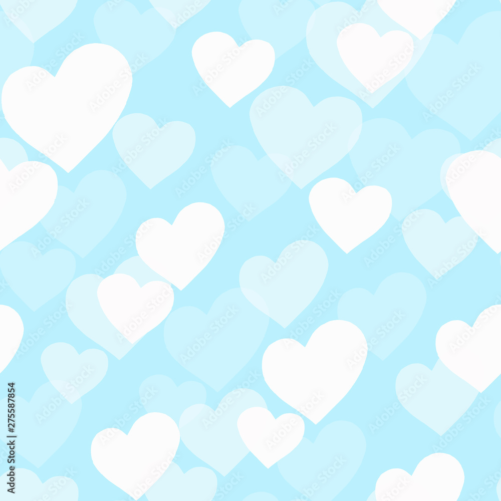 Blue background. Seamless pattern with light hearts. 