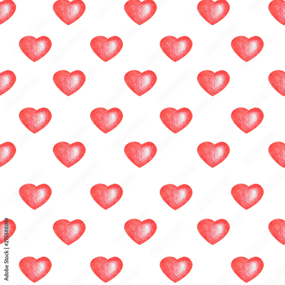 Love temes seamless texture. White background. Simple seamless pattern with red hearts isolated on white.