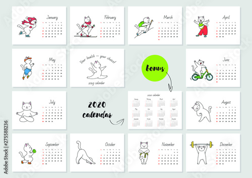 Your health - your choice  Monthly calendar 2019 template with a cute white athlete cat. Vector illustration 8 EPS.