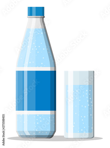 Plastic bottle and glass of fresh pure mineral water. Carbonated soda drink. Vector illustration in flat style photo