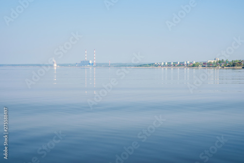 View from the Kama river to the city of Dobryanka Perm Krai and power plants. photo