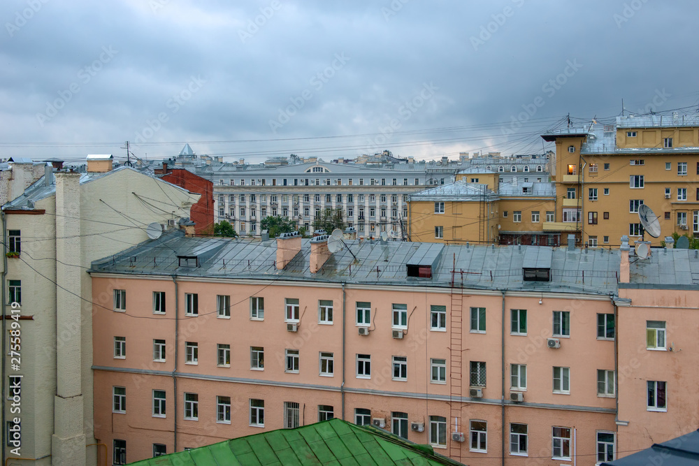 View of the roofs of residential buildings in Moscow's New Arbat Street