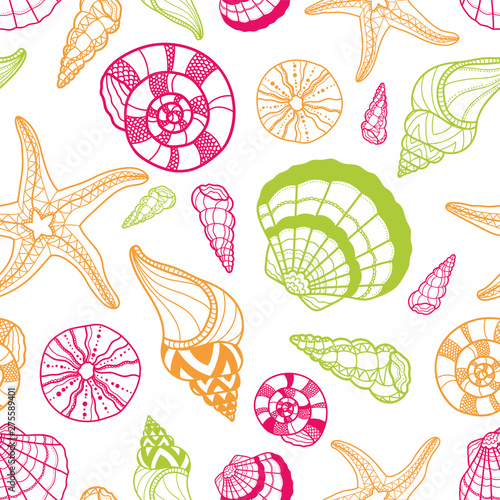 Fun seashell seamless pattern, hand drawn colorful shells starfish and dark background, beautiful cartoon design for kid - great for summer textile print, banners, fabric, gift wrapping, wallpaper 