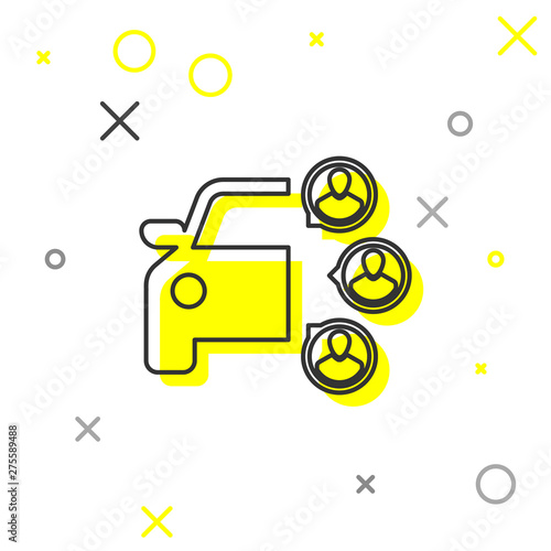 Grey Car sharing with group of people line icon isolated on white background. Carsharing sign. Transport renting service concept. Vector Illustration