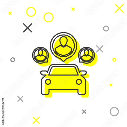 Grey Car sharing with group of people line icon isolated on white background. Carsharing sign. Transport renting service concept. Vector Illustration