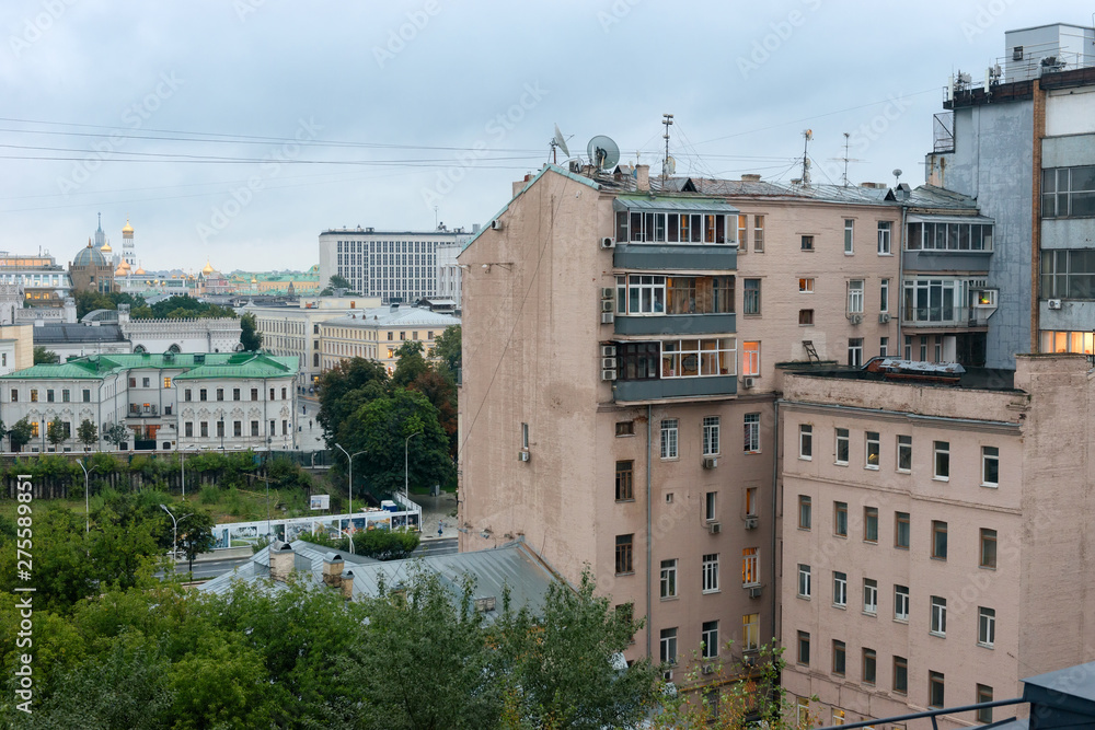 View of the roofs of residential buildings in Moscow's New Arbat Street